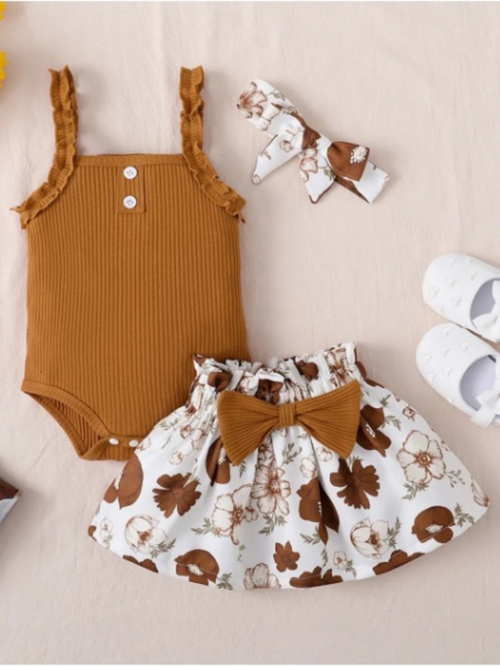 Baby Girls' Ribbed Tank Bodysuit & Floral Skirt Set - Mustard